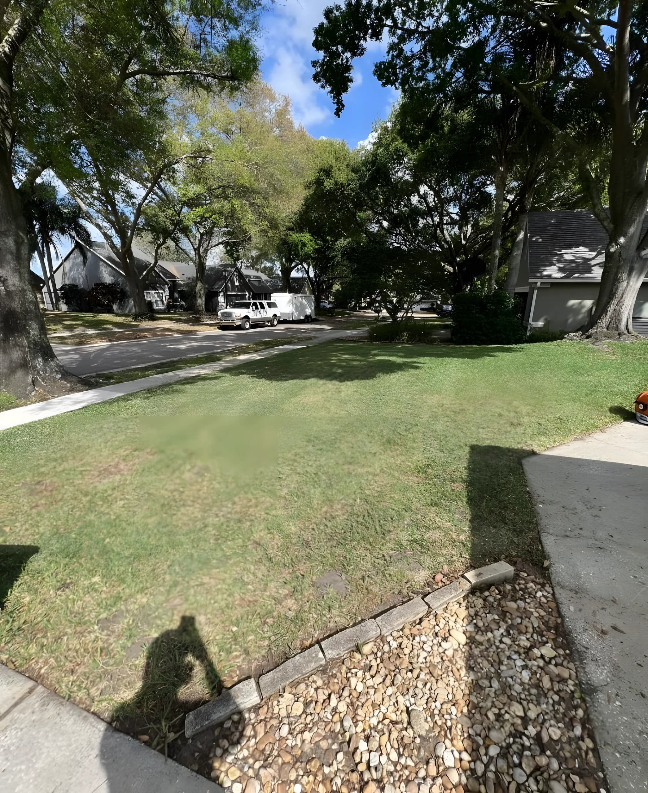Mowed side lawn beside edged curbing