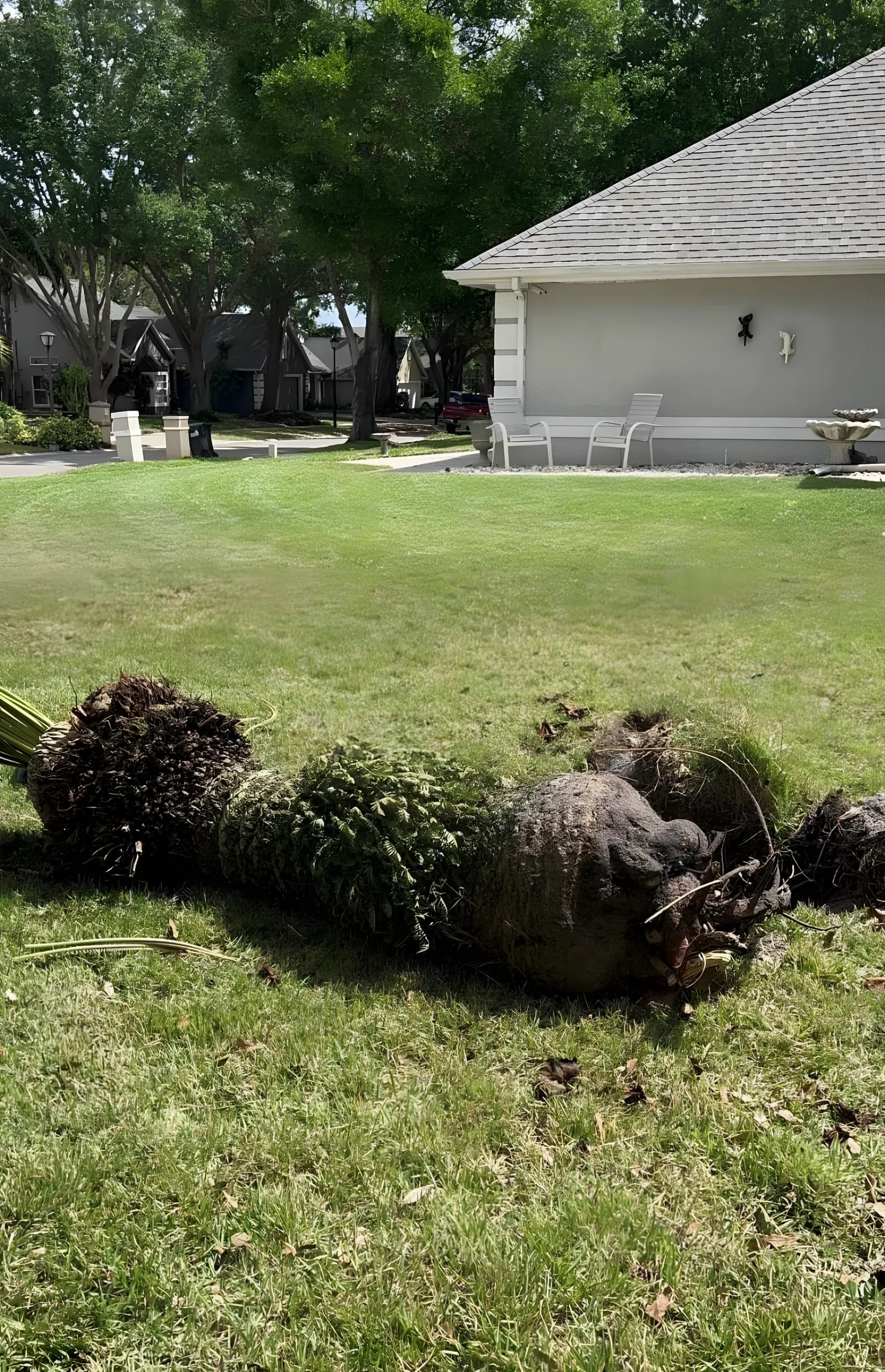 Removed shrubs piled on the lawn for haul-off