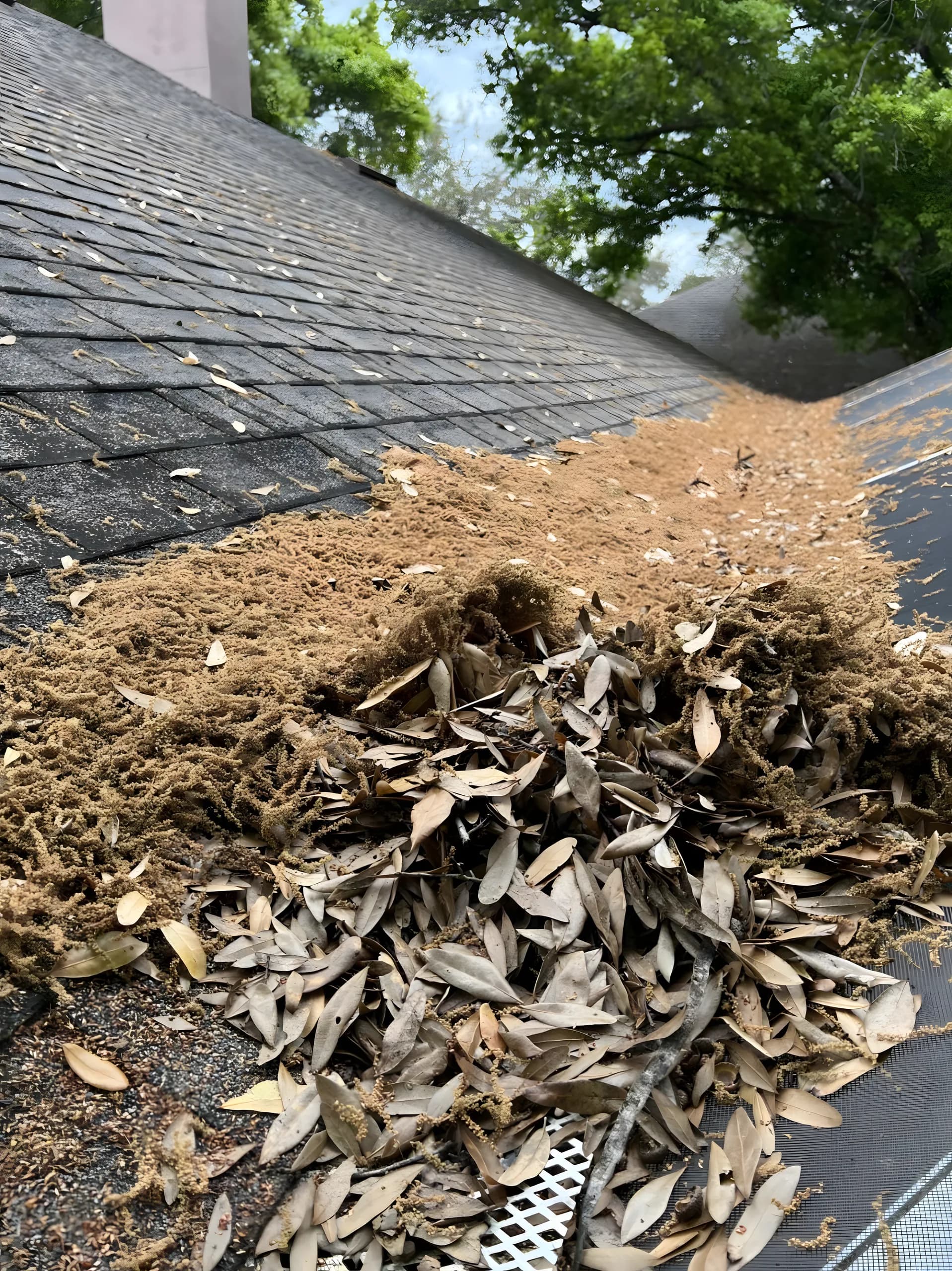 Pile of leaf debris on a shingle roof