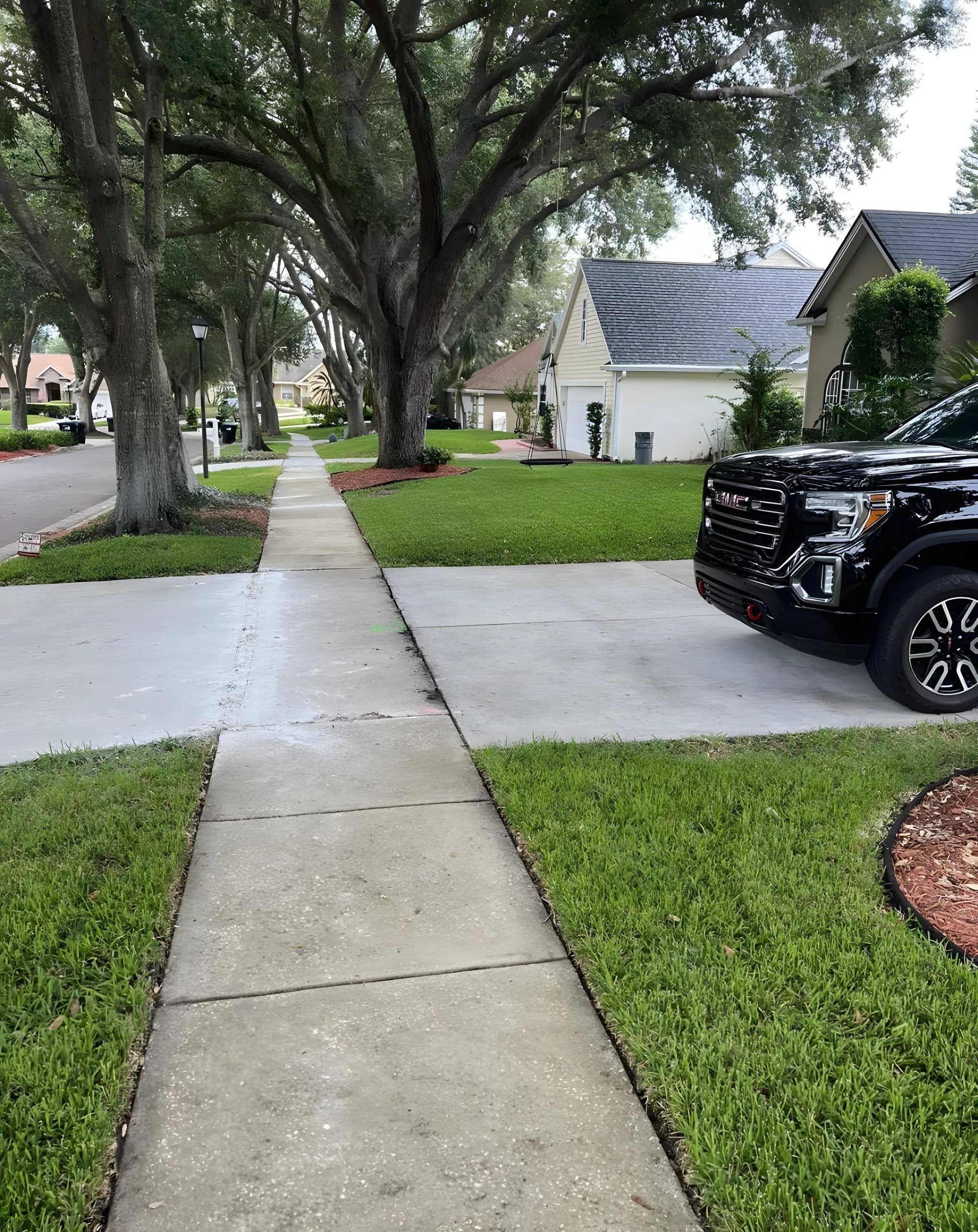 Edged sidewalk and mowed lawn on a tree-lined street
